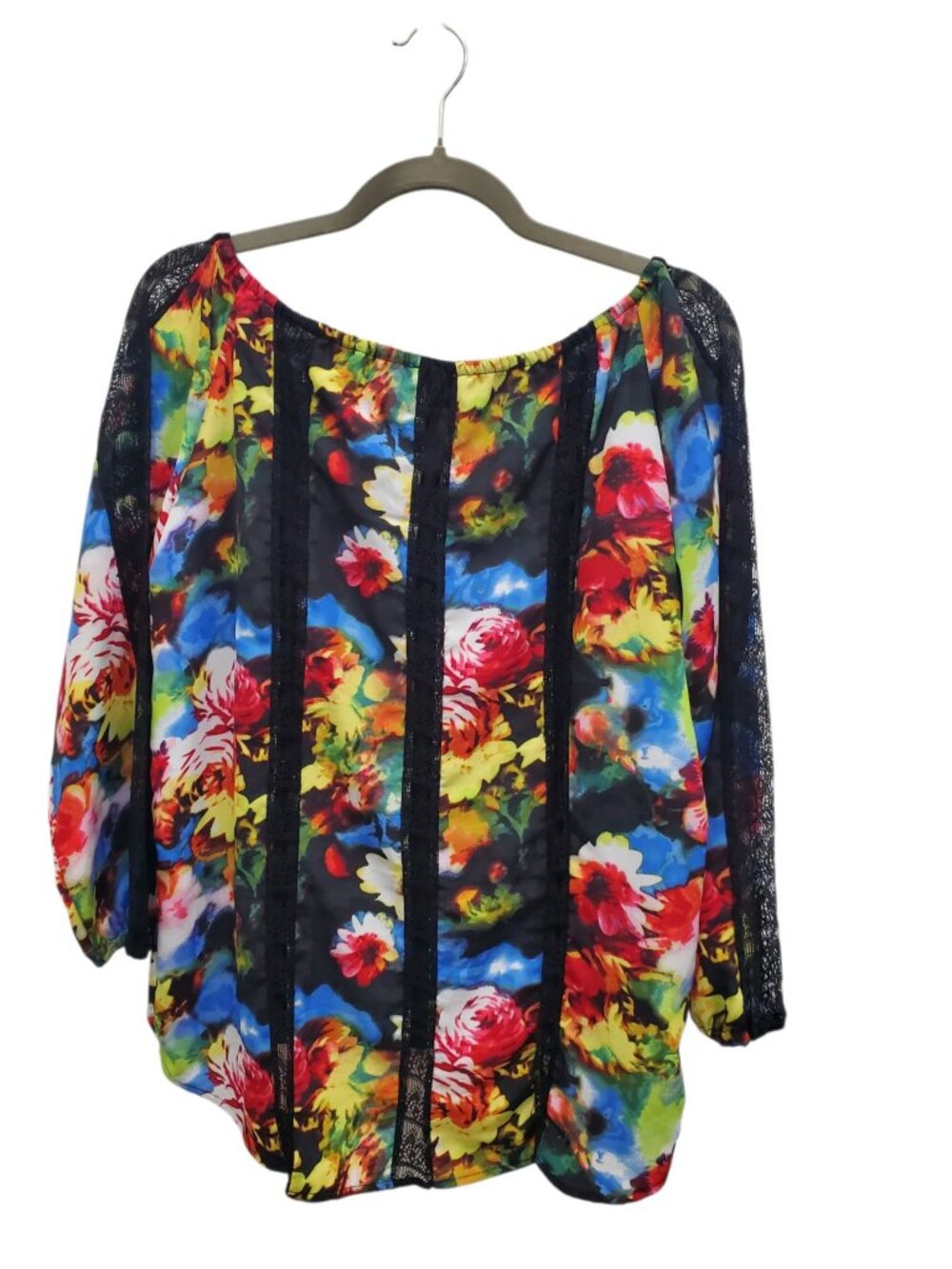 Hot in Hollywood Y2K Women's Vivid Watercolor Floral Lace Sleeve Peasant Top S - Picture 6 of 6